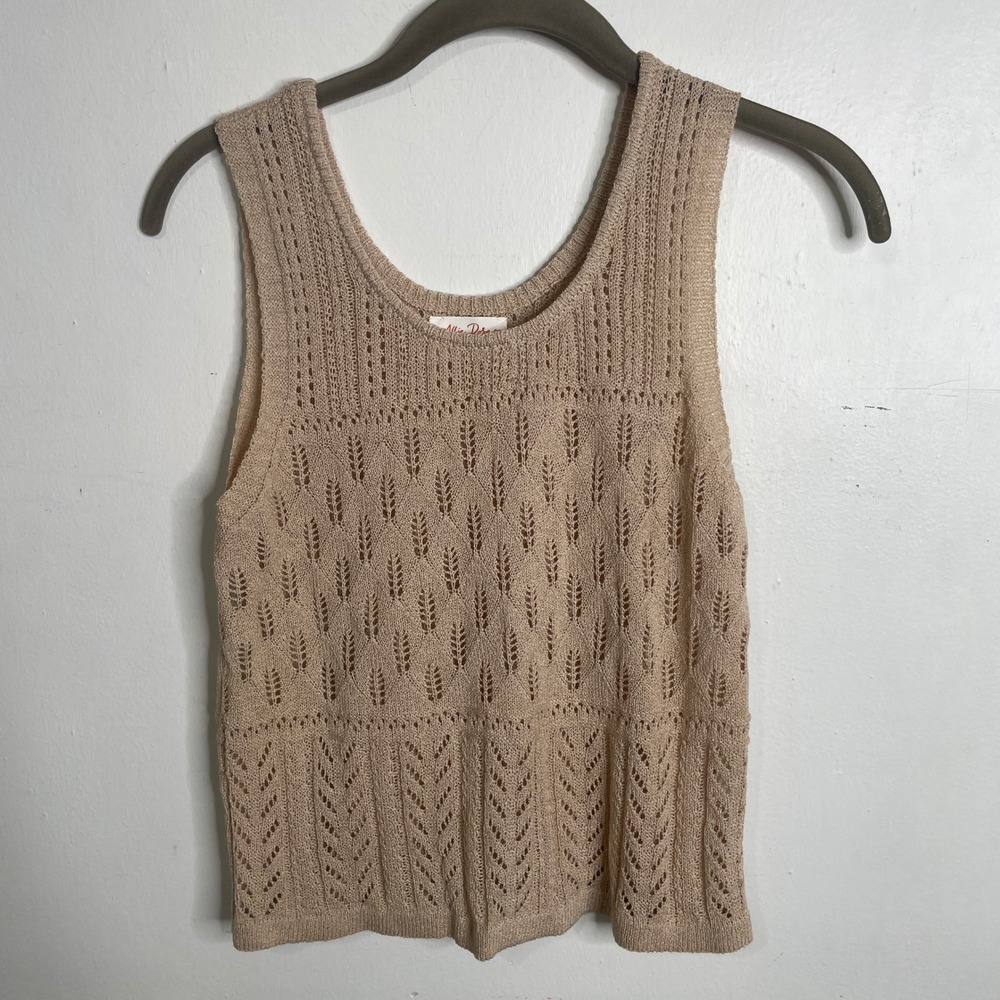 Allie Rose Tan Beige Pointelle Knit Tank Top‎ Scoop Neck Crochet Sweater Vest S